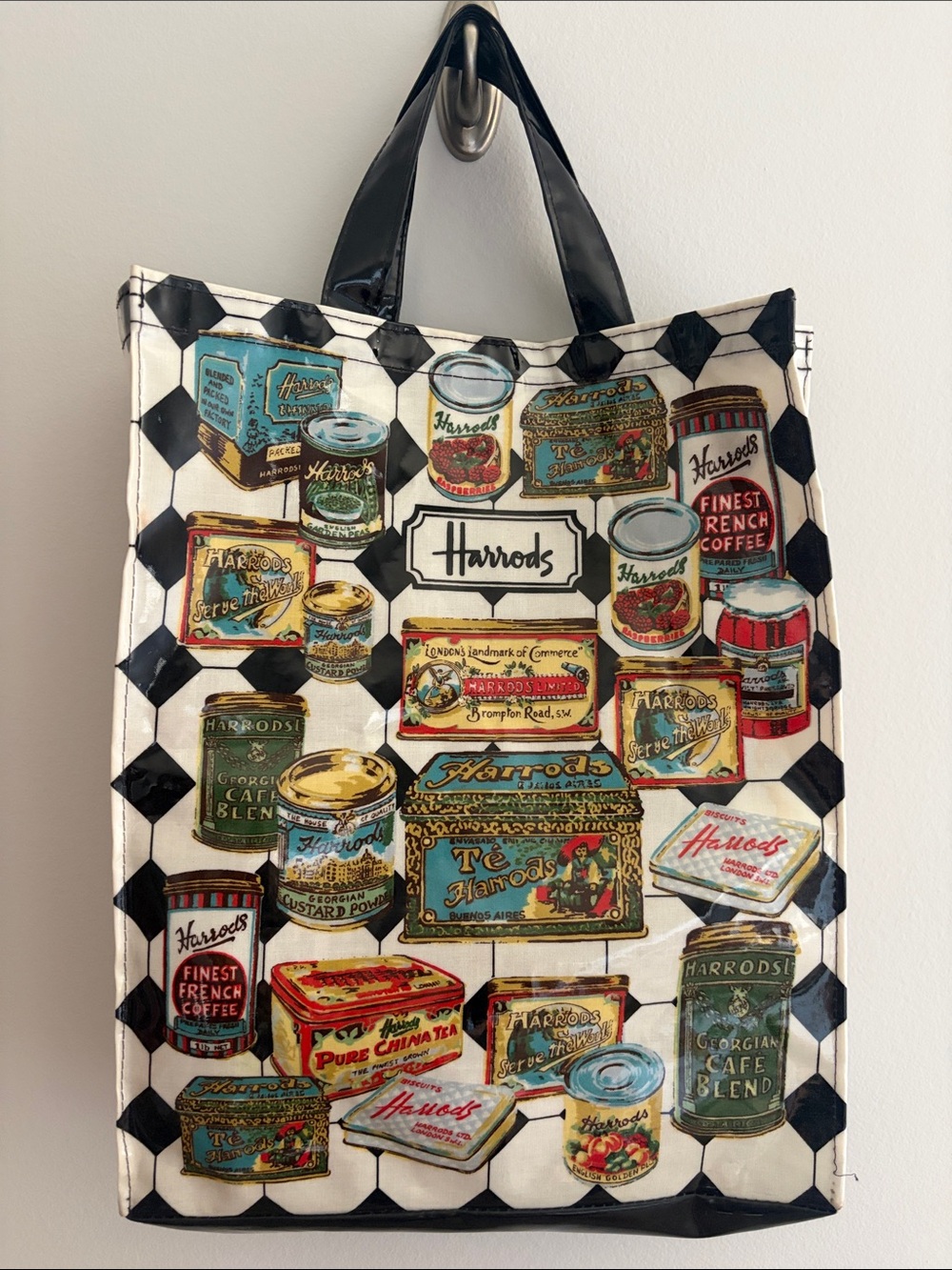 Harrods Cream & Black Checkered Tote with Vintage Tin Print